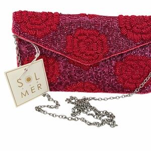 Sol and Mer Red Beaded Floral Envelope Clutch w/Crossbody chain strap